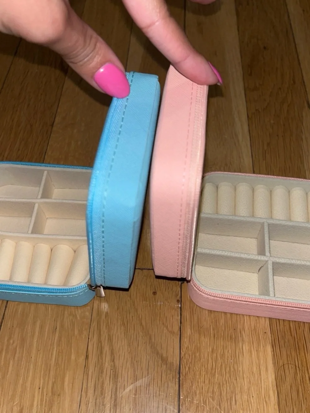 Compact Travel Jewelry Organizer Case - Multi-Compartment (Baby Blue + Pink)